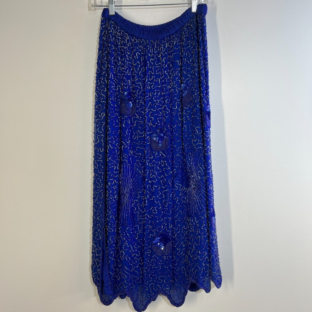 Vintage Elegance by Anuja Blue A Line Sequin and Beaded 100% Silk Skirt M